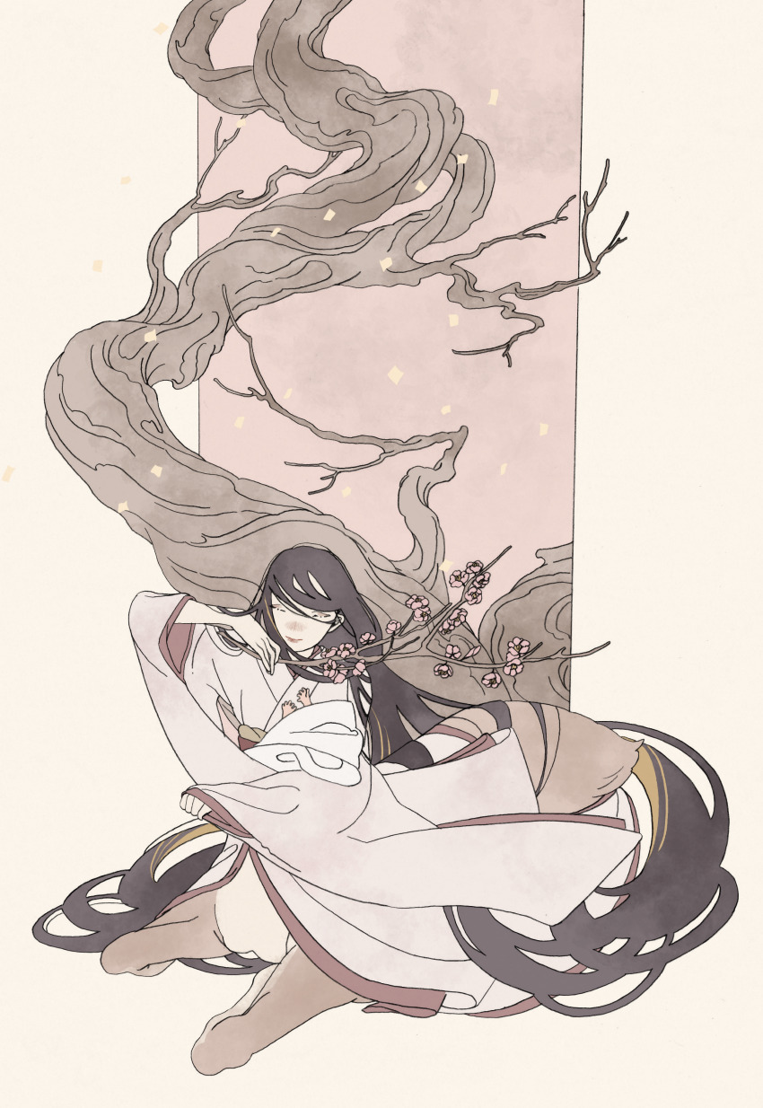 1girl 1other absurdres baby black_hair branch carrying_baby carrying_person centauroid cherry_blossoms closed_eyes closed_mouth commentary_request deer_girl highres holding holding_branch japanese_clothes kimono long_hair long_sleeves obi obiage original sash sitting surie taur very_long_hair white_kimono wide_sleeves
