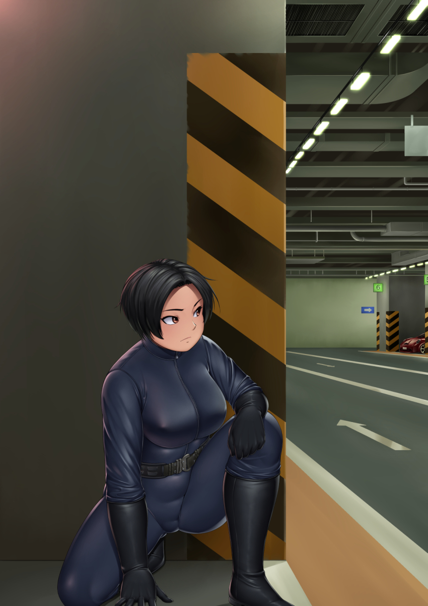 1girl against_wall black_bodysuit black_boots black_gloves black_hair bodysuit boots breasts car catsuit gloves highres indoors large_breasts motor_vehicle nemui333 on_one_knee original parking_garage short_hair sneaking solo