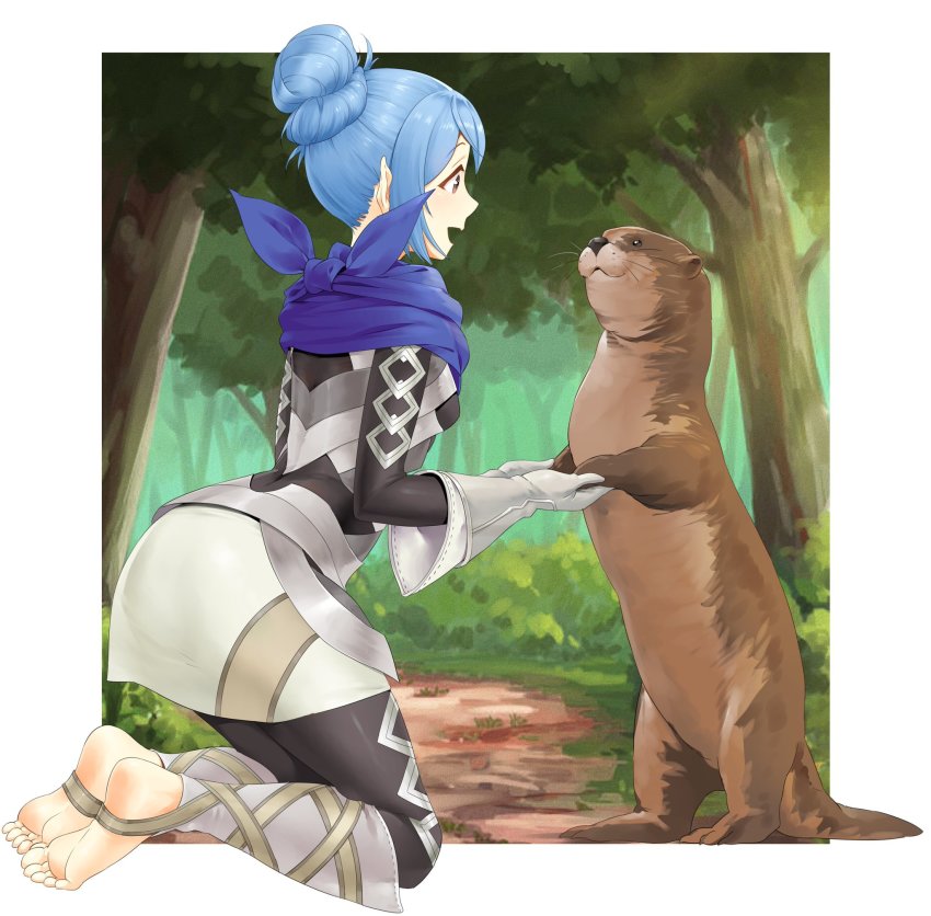 1girl animal armor armored_dress barefoot black_pantyhose blue_hair blue_scarf brown_eyes commentary dress english_commentary eye_contact feet fire_emblem fire_emblem_fates fire_emblem_if forest gloves grass grey_eyes hair_bun highres igni_tion female_kana_(fire_emblem) kneeling long_sleeves looking_at_another nature nintendo open_mouth otter outdoors pantyhose pointy_ears scarf short_hair sidelocks single_hair_bun smile soles stirrup_legwear toeless_legwear toes tree