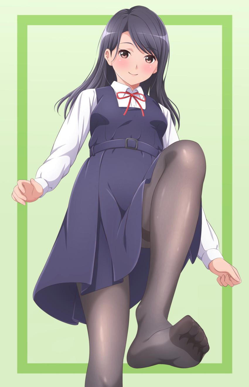1girl akippoi_0919 black_hair black_pantyhose brown_eyes dress highres neck_ribbon original pantyhose pinafore_dress ribbon school_uniform skirt sleeveless sleeveless_dress suspender_skirt suspenders thighband_pantyhose