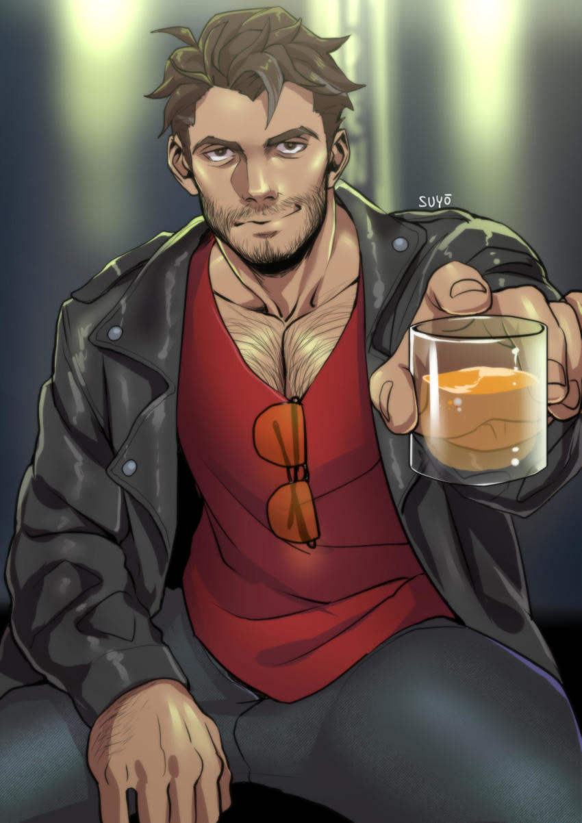 1boy absurdres alcohol artist_name beard black_jacket black_pants brown_eyes brown_hair chest_hair dream_daddy:_a_dad_dating_simulator unworn_eyewear facial_hair highres jacket leather leather_jacket looking_at_viewer male_focus outdoors pants red_shirt robert_(dream_daddy) robert_small shirt sitting solo stubble suyohara