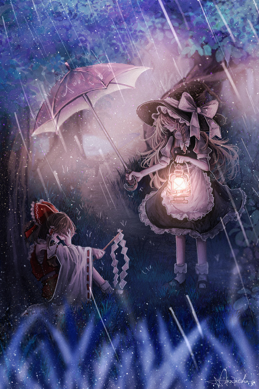2girls absurdres annin_cha apron artist_name black_footwear black_headwear black_skirt black_vest blurry bobby_socks bow braid brown_hair chest_sarashi commentary_request crying dark depth_of_field forest friends frilled_hair_tubes frilled_ribbon frilled_shirt_collar frills gohei grass hair_bow hair_over_eyes hair_ribbon hair_tubes hakurei_reimu hand_over_eye hat hat_ribbon helping highres holding holding_lantern holding_umbrella kirisame_marisa lantern long_hair mary_janes messy_hair multiple_girls nature night on_ground open_mouth ponytail puffy_short_sleeves puffy_sleeves rain red_ribbon red_shirt red_skirt revision ribbon ribbon-trimmed_sleeves ribbon_trim sad sarashi shirt shoes short_hair short_sleeves sidelocks signature single_braid skirt socks standing touhou tree umbrella under_tree very_long_hair vest waist_apron white_bow white_ribbon white_sleeves wide_sleeves witch_hat