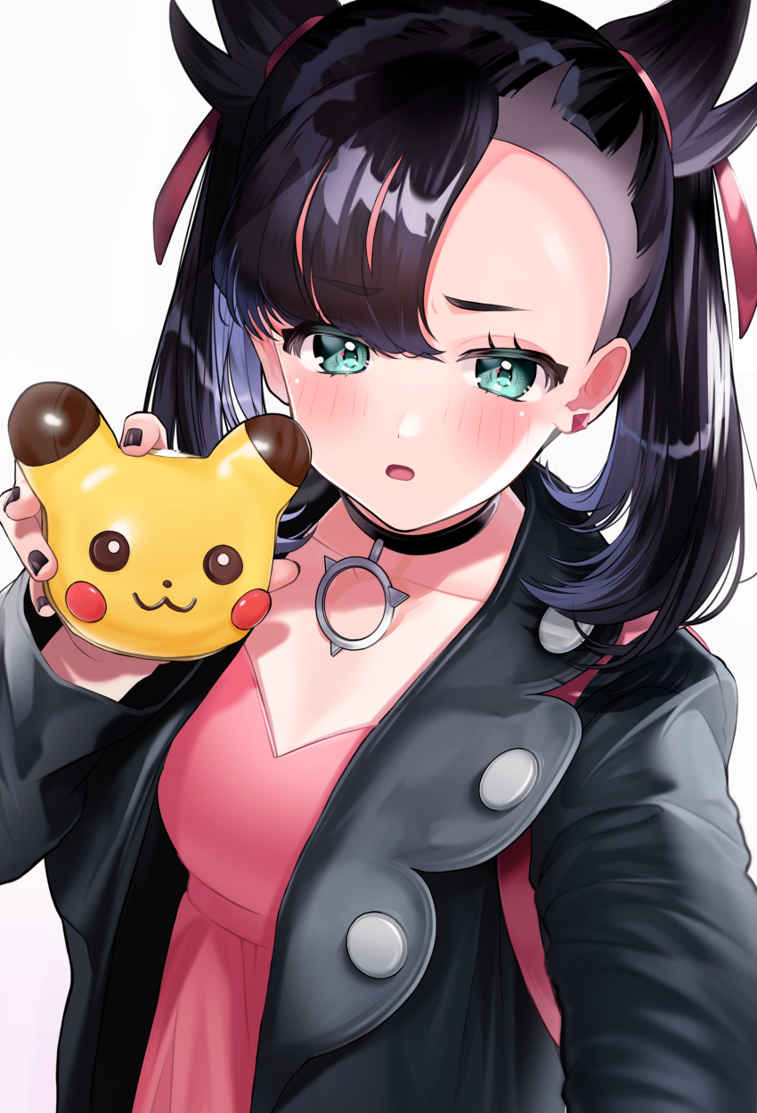 1girl absurdres aqua_eyes asymmetrical_bangs asymmetrical_hair backpack bag black_choker black_jacket black_nails blush camera choker commentary dress female_focus gen_1_pokemon hair_ribbon highres holding holding_camera jacket jewelry looking_at_viewer marnie_(pokemon) medium_hair nail_polish nintendo open_mouth pendant pikachu pink_dress pink_ribbon pokemon pokemon_(creature) pokemon_swsh pomu_(pomu_me) ribbon simple_background solo themed_object twintails undercut upper_body white_background