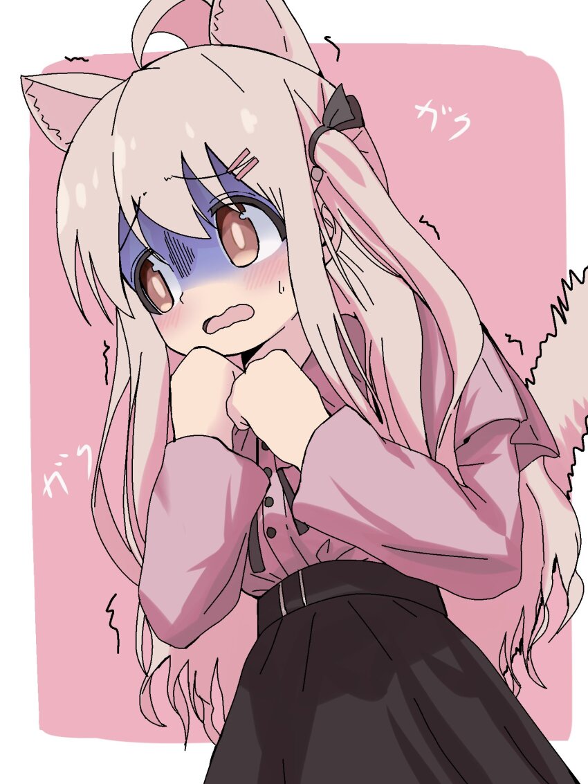 1girl ahoge animal_ears black_skirt border brown_eyes buttons chiro_illust clenched_hands commentary_request cowboy_shot genderswap genderswap_(mtf) gloom_(expression) hair_between_eyes hair_ornament hair_ribbon hairclip hand_up highres jirai_kei long_hair long_sleeves motion_lines multicolored_background onii-chan_wa_oshimai! open_mouth oyama_mahiro pink_background pink_hair pink_shirt ribbon shaded_face shirt simple_background skirt solo sound_effects standing tail translated trembling two_side_up wavy_mouth white_border
