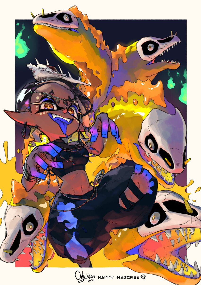 1girl absurdres alternate_color alternate_costume baggy_pants bracelet circlet crop_top dark-skinned_female dark_skin ear_piercing eel fangs frye_(splatoon) halloween halloween_costume highres inkling jewelry looking_at_viewer mask navel nintendo official_alternate_costume open_mouth orly_custer pants piercing pointy_ears sharp_teeth shell_hair_ornament skull_mask smile splatoon_(series) splatoon_3 teeth tentacle_hair tongue tongue_out