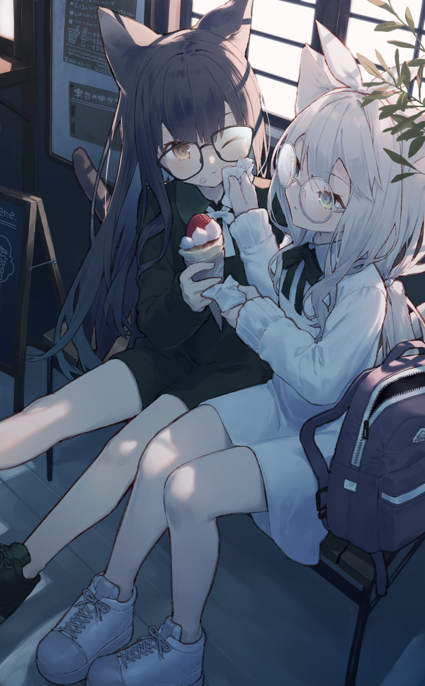 2girls ;t animal_ears backpack bag black-framed_eyewear black_dress black_hair black_shoes cat_ears cat_girl cat_tail closed_mouth collared_dress commentary_request crepe dress food food_on_face glasses grey-framed_eyewear grey_eyes grey_hair hair_between_eyes highres holding holding_food long_hair long_sleeves multiple_girls on_bench original round_eyewear shoes sitting tail tokuno_yuika very_long_hair white_dress white_shoes window