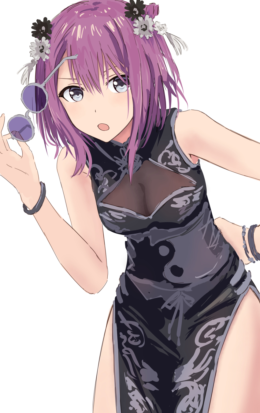 1girl :o absurdres bad_id bad_twitter_id black_dress bracelet breasts character_request cleavage copyright_request cowboy_shot dress grey-framed_eyewear grey_eyes hair_between_eyes hand_on_back highres holding holding_removed_eyewear jewelry leaning_forward looking_at_viewer medium_breasts medium_hair open_mouth purple_hair see-through_cleavage see-through_clothes side_slit sidelocks simple_background sleeveless sleeveless_dress solo sunglasses unworn_eyewear white_background yukitake_(xuserpost)