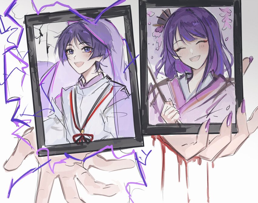 1boy 1girl aunt_and_nephew blood blood_drip blood_on_hands blunt_bangs blunt_ends blush clenched_hand closed_eyes clothing_cutout crack cracked_glass eyeliner eyeshadow facing_viewer fan_hair_ornament genshin_impact happy highres holding_portrait japanese_clothes kariginu kimono layered_kimono layered_sleeves looking_at_viewer makeup makoto_(genshin_impact) open_hand open_mouth portrait_(object) purple_electricity purple_eyes purple_hair purple_kimono purple_nails purple_sleeves purple_veil red_eyeliner red_eyeshadow scaramouche_(genshin_impact) scaramouche_(kabukimono)_(genshin_impact) see-through_clothes see-through_veil sgm618 shoulder_cutout single_sidelock string swept_bangs teeth upper_teeth_only veil white_sleeves