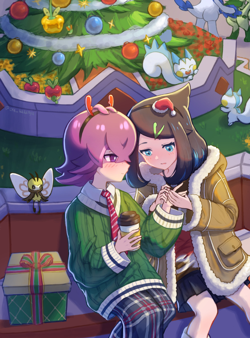 2girls absurdres bright_pupils christmas christmas_tree coat collared_shirt commentary cowlick cup disposable_coffee_cup disposable_cup dot_(pokemon) floragato game_freak gen_4_pokemon gen_7_pokemon grass green_sweater hairband highres holding holding_hands hood hood_down hooded_coat liko_(pokemon) medium_hair multiple_girls necktie nekomura_saki nintendo pachirisu pleated_skirt pokemon pokemon_(anime) pokemon_(creature) pokemon_horizons purple_eyes purple_hair quaxwell ribombee shirt sitting skirt sweater white_pupils white_shirt