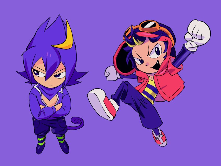 2boys absurdres arm_up black_eyes black_hair blonde_hair charmy_bee clenched_hand closed_mouth crossed_arms espio_the_chameleon full_body gloves goggles goggles_on_head highres humanization jacket looking_at_viewer male_focus multicolored_hair multiple_boys open_mouth purple_background purple_hair red_footwear red_jacket shoes short_hair shorts simple_background smile sonic_(series) standing streaked_hair tail tokiwa757 white_gloves