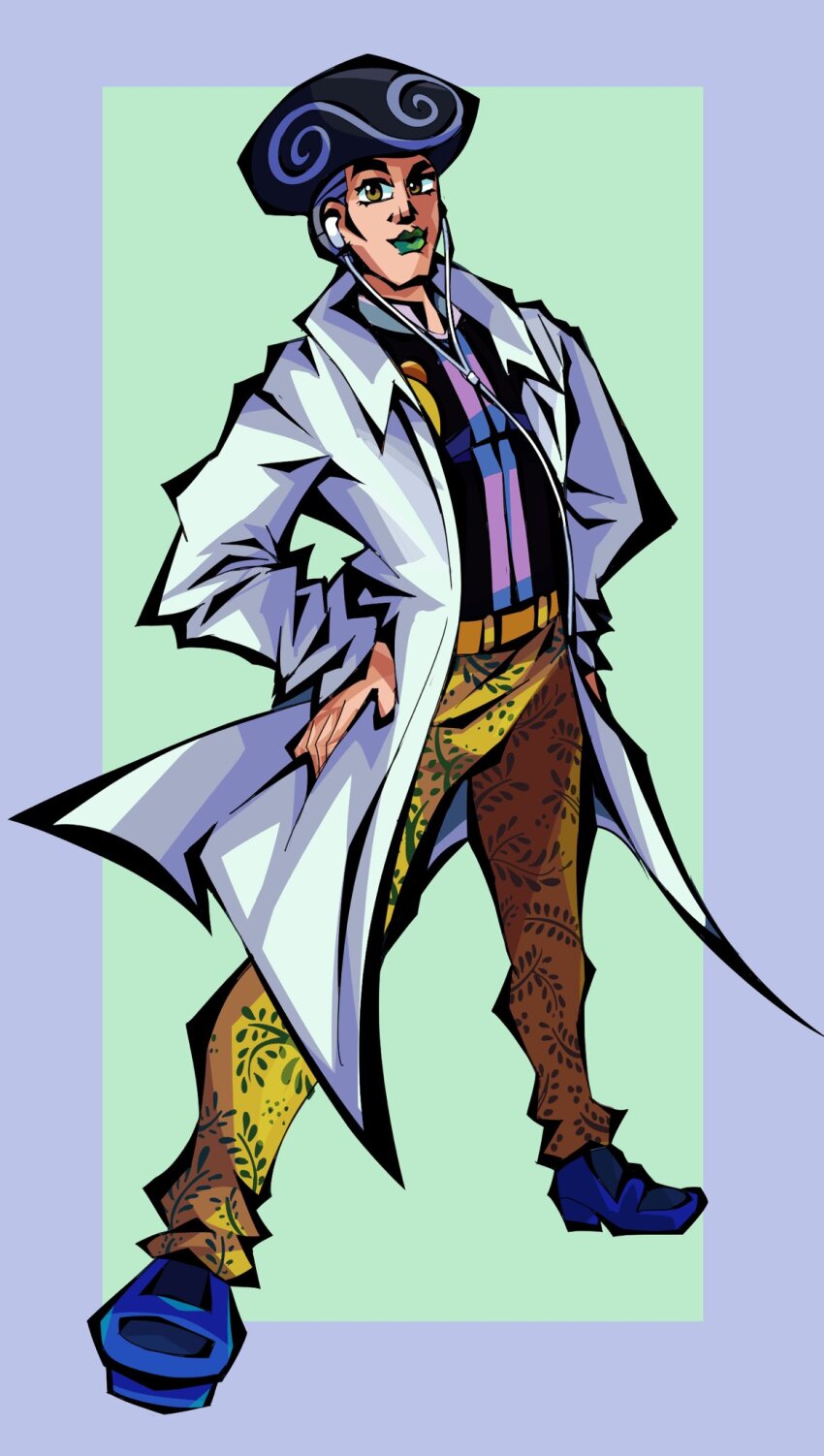 1boy afro belt black_jacket blue_shoes coat commentary earphones english_commentary floral_print full_body giganide green_lips grey_hair hands_on_own_hips highres jacket jojo_no_kimyou_na_bouken jojolion lab_coat long_coat makeup male_focus pants purple_hair shoes short_hair smile solo spiral standing tooru_(jojolion) white_coat yellow_eyes yellow_pants