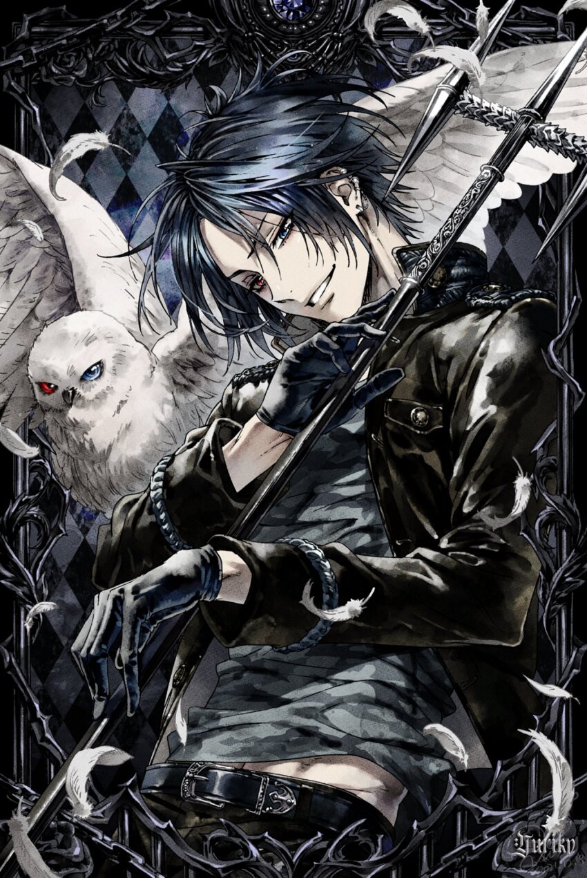 1boy bird black_gloves black_hair blue_eyes commentary_request cowboy_shot feathers gloves grey_shirt heterochromia highres holding holding_weapon jacket katekyo_hitman_reborn! korean_commentary male_focus nishita owl red_eyes rokudou_mukuro shirt short_hair smile weapon white_feathers