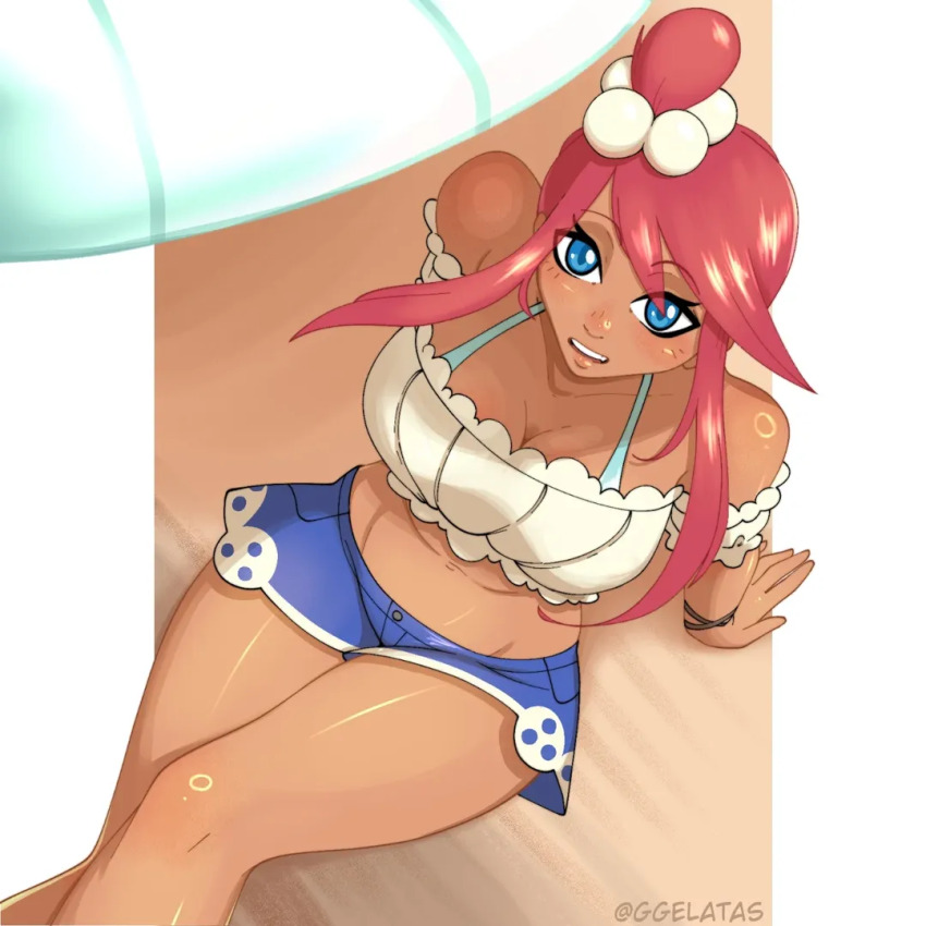 1girl bare_shoulders blue_eyes breasts cleavage crop_top dark-skinned_female dark_skin detached_sleeves from_above ggelatas large_breasts nintendo pokemon pokemon_masters_ex shorts sitting skyla_(pokemon) skyla_(summer_2025)_(pokemon) teeth upper_teeth_only