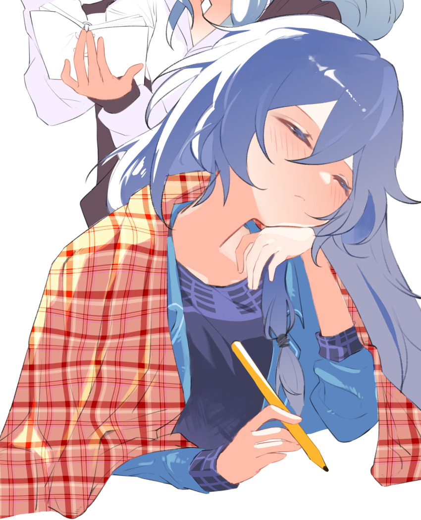 2girls absurdres blanket blue_shirt blush closed_eyes commentary fu_hua grey_hair hair_tie hand_on_own_cheek hand_on_own_face head_on_hand highres holding holding_notebook holding_pencil honkai_(series) honkai_impact_3rd long_hair multiple_girls notebook pencil pic_p_p plaid_blanket plaid_clothes rubber_band shirt sleeping spiral_notebook