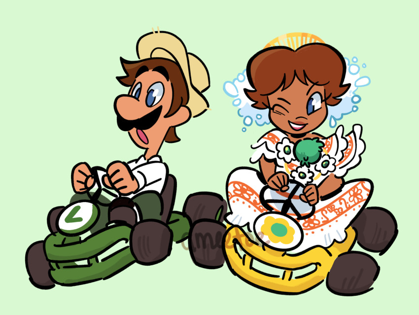 1boy 1girl alternate_costume amie_sanchez artist_name blue_eyes brown_hair brown_hat commentary dress driving english_commentary facial_hair go-kart green_background hat highres luigi mario_(series) mario_kart mario_kart_tour mustache nintendo one_eye_closed open_mouth panama princess_daisy shirt simple_background smile teeth white_dress white_shirt