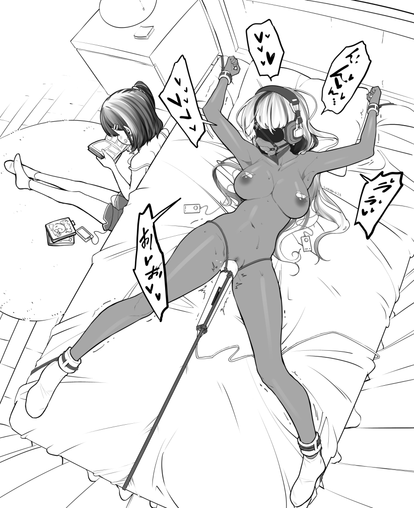 2girls armpits ball_gag bdsm bed blindfold bondage bound breasts clenched_hand collarbone commission crotch_rope egg_vibrator eudetenis femdom forced_orgasm full_body gag greyscale headphones heart highres hitachi_magic_wand indoors large_breasts lilya_(pretzelfan) long_hair lying monochrome multiple_girls navel nipple_stimulation nipples nude older_woman_and_younger_girl on_back original saliva sayuri_(pretzelfan) second-party_source sensory_deprivation sex_toy socks solo speech_bubble spread_legs vibrator white_hair yuri