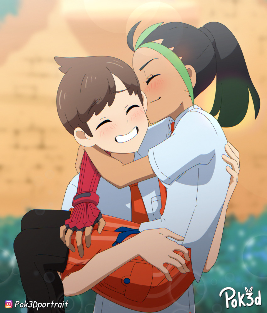 :d absurdres ahoge armband brown_hair carrying carrying_person commission dark-skinned_female dark_skin florian_(pokemon) hand_on_another&#039;s_hip highres kissing_cheek multicolored_hair naranja_academy_school_uniform nemona_(pokemon) nintendo open_mouth pok3d pokemon pokemon_sv ponytail shorts smile sunlight thighhighs