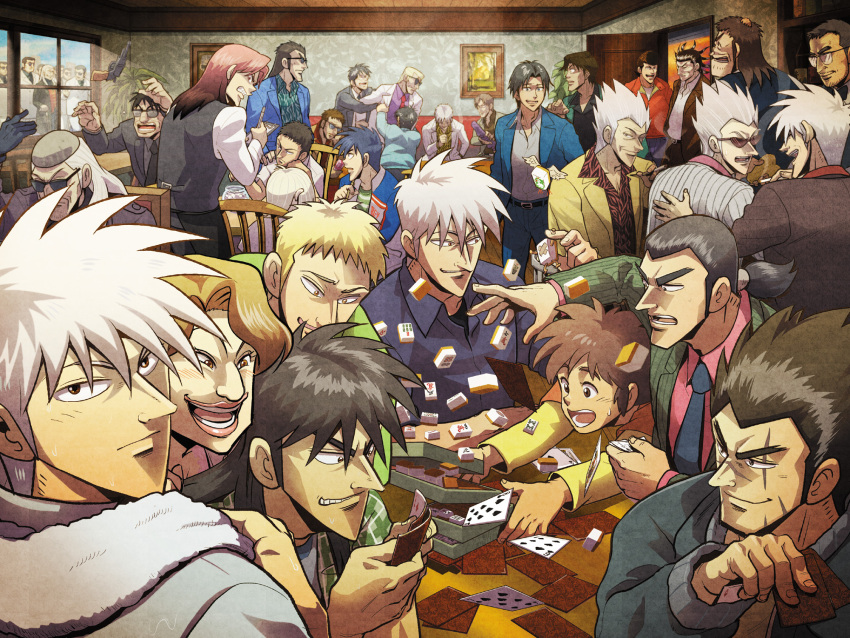 1girl 6+boys akagi:_yami_ni_oritatta_tensai akagi_shigeru belt black_belt black_eyes black_gloves black_hair black_necktie black_shirt blonde_hair blue_jacket blue_pants brown_eyes brown_hair buraiden_gai card character_request cigarette clenched_teeth closed_mouth collared_shirt confused creator_connection day endou_yuuji expressionless formal_clothes frown fukumoto_mahjong fukumoto_nobuyuki_(style) gin_to_kin glasses gloves green_jacket green_shirt grin gun hair_slicked_back handgun harada_katsumi head_bump hero-gyakkyou_no_touhai hero_-_akagi_no_ishi_wo_tsugu_otoko highres hirai_ginji hirayama_yukio holding holding_mahjong_tile ichijou_seiya ichikawa_(akagi) igawa_hiroyuki indoors itou_kaiji jacket kaiji kudou_gai kurosawa_(saikyou_densetsu_kurosawa) laughing lips long_hair looking_at_another looking_at_viewer low_ponytail mahjong mahjong_tile male_focus medium_hair morita_tetsuo multiple_boys multiple_persona nakajima_hiroshi necktie official_style old old_man open_mouth pants parody parted_bangs pink_shirt playing_card pompadour ponytail red_eyes red_necktie revolver sahara_makoto saikyou_densetsu_kurosawa sakazaki_mikoko scar scar_across_eye scar_on_face shirt short_bangs short_hair sitting smile smoking standing style_parody suit sunglasses suzuki_(washizu) table teeth ten_(manga) ten_takashi throwing tobaku_haouden_zero ukai_zero upper_body very_short_hair washizu_(manga) washizu_-_enma_no_touhai washizu_iwao weapon white_hair white_shirt window yasuoka yellow_jacket