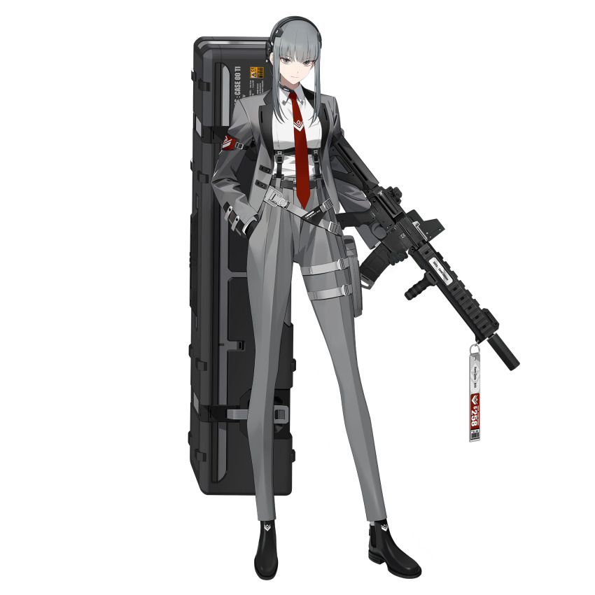 1girl assault_rifle belt belt_pouch black_gloves black_shoes black_survival breasts chest_strap closed_mouth collared_shirt colored_skin eternal_return:_black_survival full_body gloves grey_hair grey_jacket grey_pants gun hand_in_pocket haze_(black_survival) headset highres hime_cut holding holding_weapon jacket long_hair long_sleeves medium_breasts multishot_rocket_launcher necktie official_art pants pouch red_necktie rifle rocket_launcher shirt shoes simple_background solo standing strap taut_clothes taut_shirt uniform utility_belt weapon white_background white_shirt white_skin