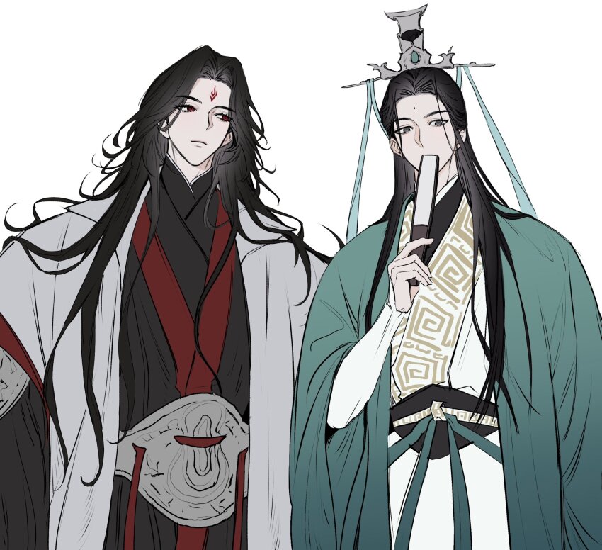 2boys black_hair black_hanfu black_sash chinese_clothes closed_mouth coat covering_own_mouth cowboy_shot facial_mark folded_fan folding_fan forehead_mark green_hanfu green_ribbon grey_eyes hand_fan hanfu highres hilong holding holding_fan korean_commentary long_hair long_sleeves looking_at_another luo_binghe male_focus multiple_boys red_eyes renzha_fanpai_zijiu_xitong ribbon ribboned_xiao_guan sash shen_qingqiu simple_background smile topknot white_background white_coat wide_sleeves xiao_guan_(headdress) zuiyin