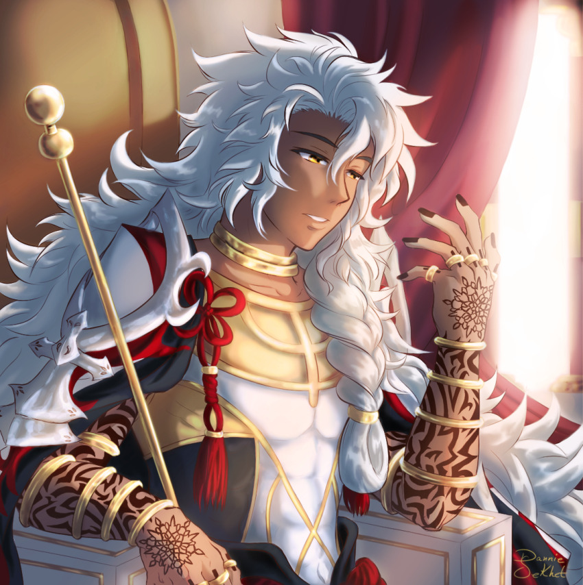 arm_tattoo braid dannie_dewitt dark-skinned_male dark_skin fate/grand_order fate_(series) front_braid gold_trim jewelry long_hair male_focus multiple_rings multiple_tattoos neck_ring parted_lips ring shirt solomon_(fate) staff tattoo tattoo_on_hand throne white_hair white_shirt yellow_eyes
