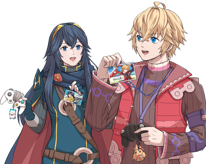 1boy 1girl ahoge blonde_hair blue_cape blue_eyes blue_gloves blue_hair brand_of_the_exalt cape charm_(object) chrom_(fire_emblem) father_and_daughter fingerless_gloves fire_emblem fire_emblem_awakening fire_emblem_engage gamecube_controller gloves highres long_hair lucina_(fire_emblem) monado nintendo nopon photo_(object) riki_(xenoblade) sena_(jcwe4828) short_hair shulk_(xenoblade) simple_background smile sommie_(fire_emblem) super_smash_bros. sword tiara two-tone_cape vest weapon xenoblade_chronicles_(series) xenoblade_chronicles_1