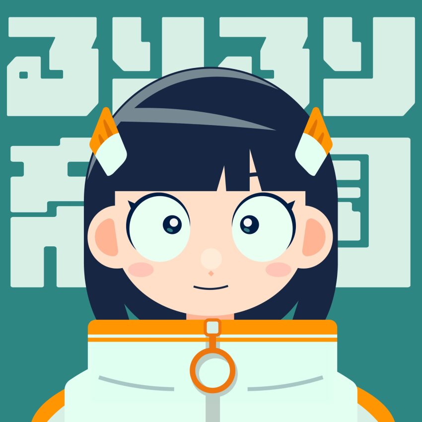 1girl aqua_background black_eyes black_hair blunt_bangs blush blush_stickers commentary_request flat_color futsuu_no_keion-bu goodlike0220 group_name hairpods highres jacket light_smile majima_ruri no_lineart official_alternate_costume orange_jacket portrait short_hair solo text_background white_jacket