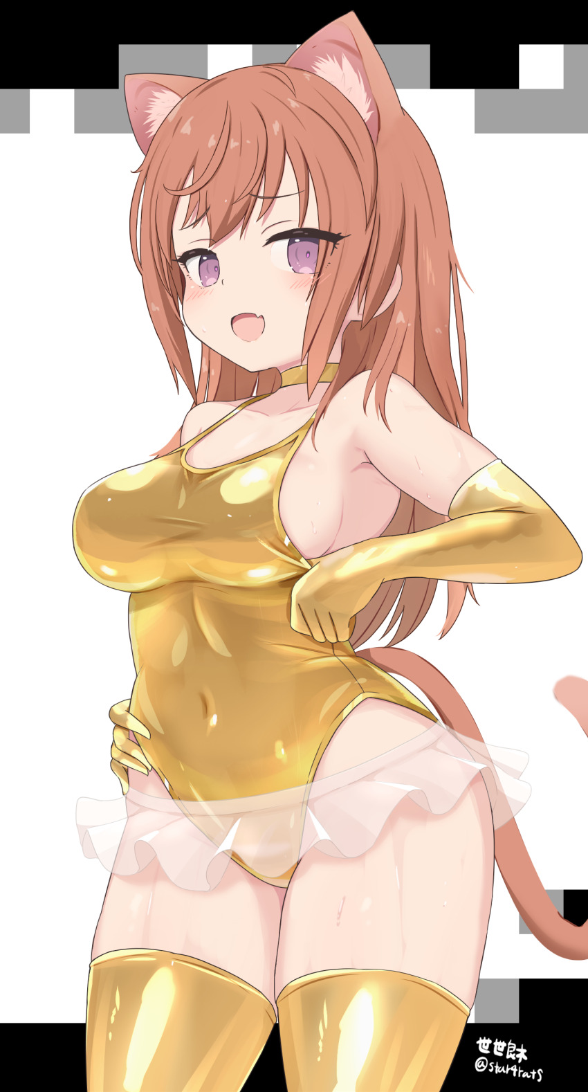 1girl absurdres alice_gear_aegis alternate_hairstyle animal_ears breasts brown_eyes cat_ears cat_tail cleavage covered_navel cowboy_shot elbow_gloves extra_ears gloves gold_gloves gold_one-piece_swimsuit gold_thighhighs hair_down highleg highleg_one-piece_swimsuit highres kimikage_yui large_breasts long_hair one-piece_swimsuit purple_eyes see-through_clothes see-through_skirt seseragi_(star4rats) skirt smile solo swimsuit tail