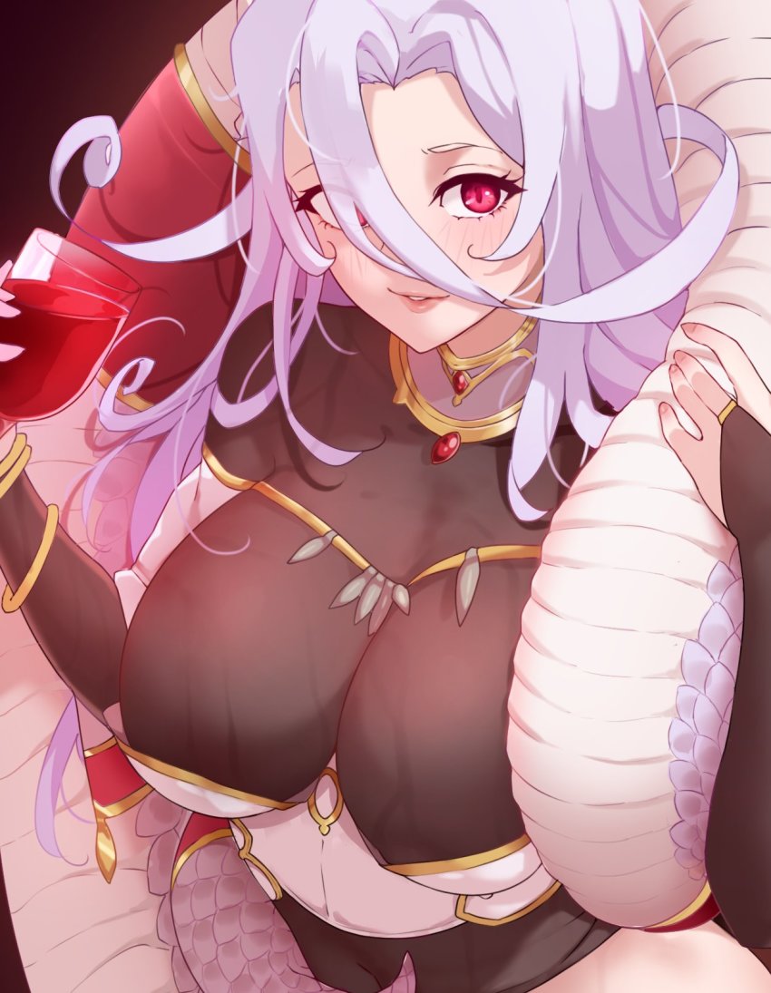 1girl alcohol blush breasts bridal_gauntlets cup drinking_glass hair_between_eyes highres holding holding_cup lamia large_breasts light_purple_hair long_hair looking_at_viewer monster_girl monster_musume_no_oisha-san parted_lips red_eyes saphentite_neikes scales slit_pupils solo tail todding wine wine_glass
