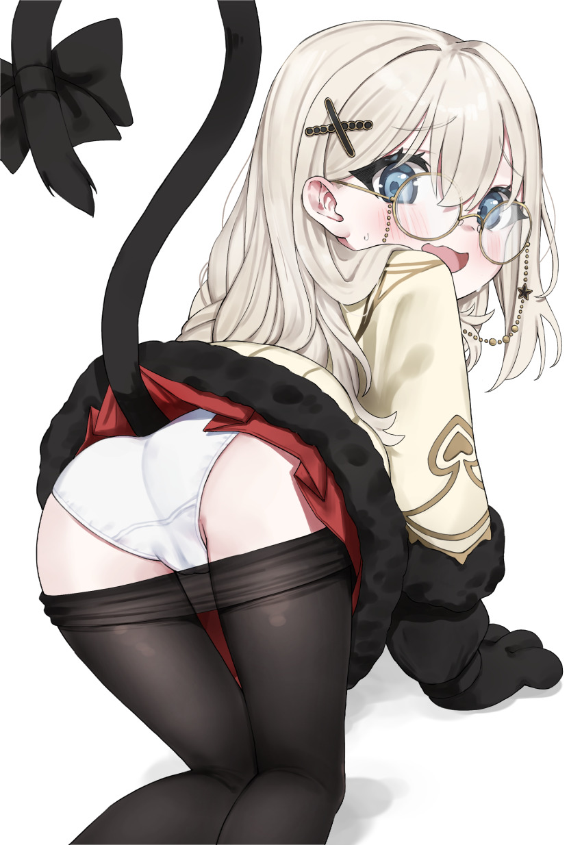1girl absurdres all_fours animal_hands ass black_bow black_pantyhose blue_eyes bow cat_tail clothes_pull coat commentary commission feet_out_of_frame from_behind fur-trimmed_coat fur_trim glasses gloves hair_ornament hanakonenne highres long_hair long_sleeves looking_at_viewer looking_back miniskirt open_mouth original panties pantyhose pantyhose_pull paw_gloves pleated_skirt red_skirt round_eyewear shai_(black_desert) simple_background skirt solo tail tail_bow tail_ornament underwear wavy_mouth white_background white_hair white_panties x_hair_ornament yellow_coat