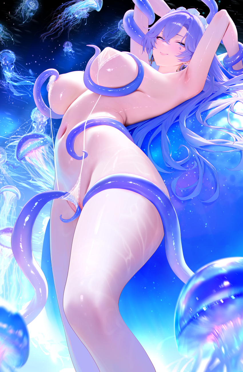 1girl absurdres areola_slip armpits arms_up bikini blue_eyes breasts breasts_apart cantarella_(wuthering_waves) closed_mouth commentary cowboy_shot earrings groin hair_between_eyes hair_spread_out half-closed_eyes headdress highres jellyfish jewelry kiek_qaq large_breasts long_hair looking_at_viewer micro_bikini navel partially_visible_vulva purple_hair restrained revealing_clothes slingshot_swimsuit smile solo stomach swimsuit tentacle_arm tentacles very_long_hair white_slingshot_swimsuit wuthering_waves