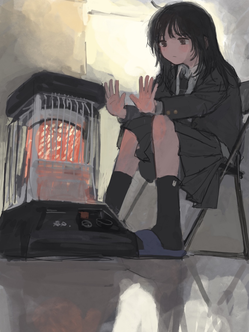 1girl 62_retas absurdres backpack bag black_bag black_eyes black_hair black_jacket black_necktie black_skirt black_socks blazer blush brown_eyes chair closed_mouth collared_shirt folding_chair grey_skirt heater highres indoors jacket long_hair long_sleeves necktie original pleated_skirt reflection reflective_floor school_uniform shirt sitting skirt slippers socks solo warming_hands white_shirt