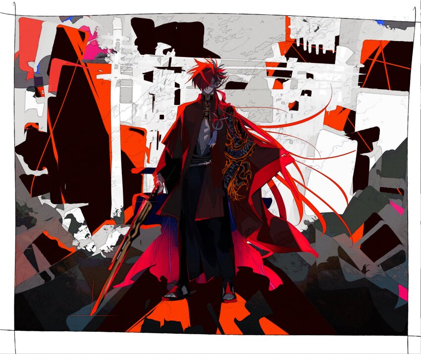 1boy absurdres black_hair dragon_print earrings evil_eyes evil_smile eyebrow_cut fate/grand_order fate_(series) glowing glowing_eye hair_over_one_eye highres holding holding_sword holding_weapon jacket japanese_clothes jewelry long_sleeves looking_at_viewer low_ponytail male_focus multicolored_hair nagatekkou pectoral_cleavage pectorals ponytail red_eyes red_hair red_jacket smile solo streaked_hair sword takasugi_shinsaku_(fate) toned toned_male u_5ham0 underpec weapon white_hair