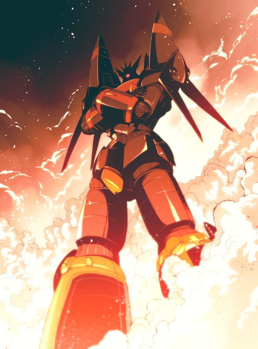 absurdres crossed_arms fire glowing glowing_eye gunbuster gunbuster_pose highres kato_takuji looking_down mecha no_humans one-eyed red_eyes robot science_fiction solo super_robot top_wo_nerae! top_wo_nerae!_(series)