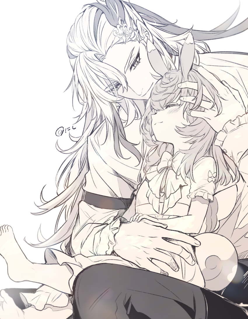 1boy 1girl bow closed_eyes fatherly frilled_sleeves frills genshin_impact hair_ornament highres hug long_hair long_sleeves melusine_(genshin_impact) monochrome neuvillette_(genshin_impact) short_sleeves sigewinne_(genshin_impact) sitting sitting_on_lap sitting_on_person size_difference skirt smile tail tanuki_nishi white_hair