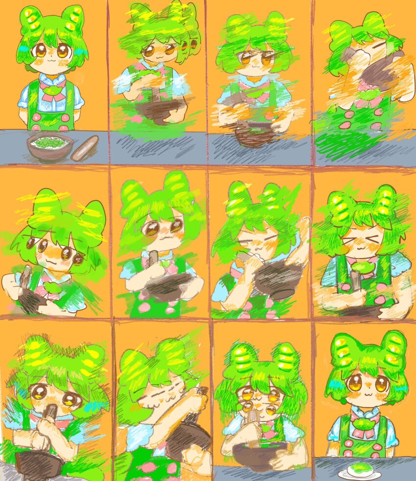 &gt;_&lt; 1girl :3 closed_eyes closed_mouth edamame fine_art_parody green_hair highres k_(coldsleeeeeeep) mortar_(bowl) motion_blur orange_background parody pea_pod pestle shirt short_hair smile the_making_of_the_perfect_martini upper_body voiceroid voicevox white_shirt yellow_eyes zunda_mochi zundamon