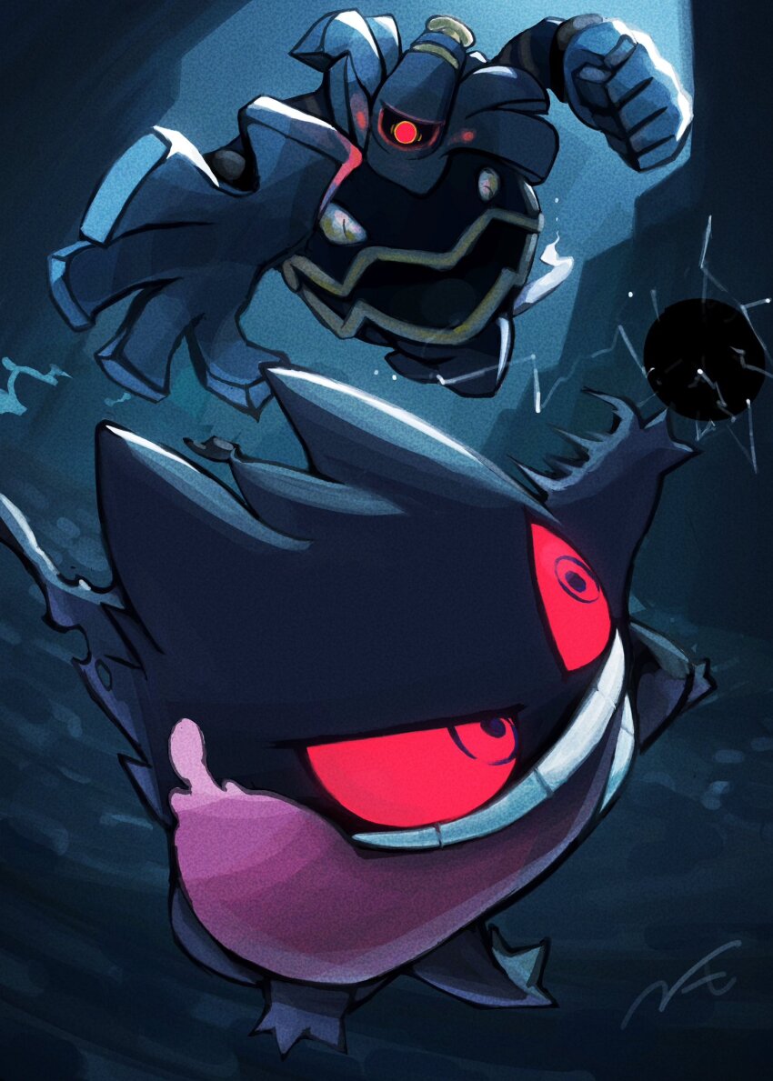 animal_focus arms_up black_background dusknoir fire flying fruit1830 full_body gen_1_pokemon gen_4_pokemon gengar glowing glowing_eyes grin highres light_particles looking_at_another nintendo no_humans open_mouth pokemon pokemon_(creature) pokemon_focus reaching reaching_towards_another red_eyes shaded_face shadow_ball_(pokemon) signature smile teeth tongue tongue_out v-shaped_eyes