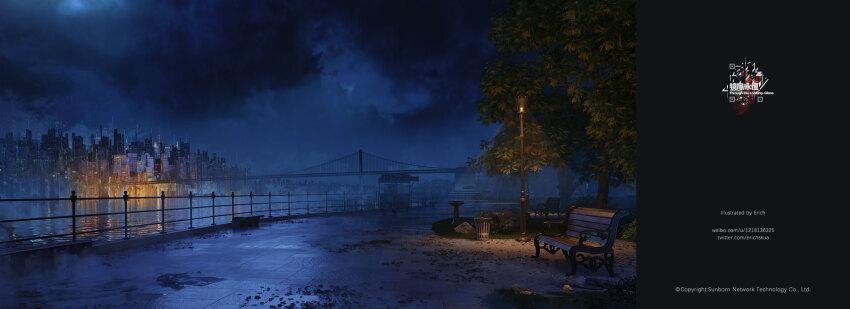 artist_name bench bird_bath bridge bush cityscape cloud cloudy_sky commentary_request company_name concessions copyright_notice crossover erich ghost_in_the_shell ghost_in_the_shell:_sac_2045 girls&#039;_frontline highres lamppost leaf night no_humans official_art park railing river rock scenery sky trash_can tree twitter_username water watermark web_address weibo_username wet_ground