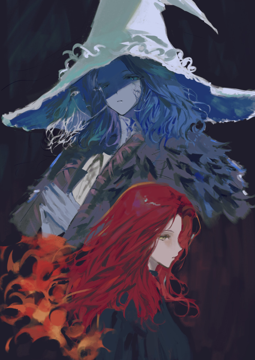 2girls absurdres black_dress blue_eyes blue_hair blue_skin brown_cloak burning_hair cloak closed_mouth colored_skin commentary cracked_skin dress dual_persona elden_ring extra_faces fhillia_lili fire fur_cloak fur_trim hat highres large_hat long_hair looking_at_viewer lunar_princess_ranni multiple_girls one_eye_closed profile ranni_the_witch red_hair wavy_hair white_dress witch witch_hat yellow_eyes