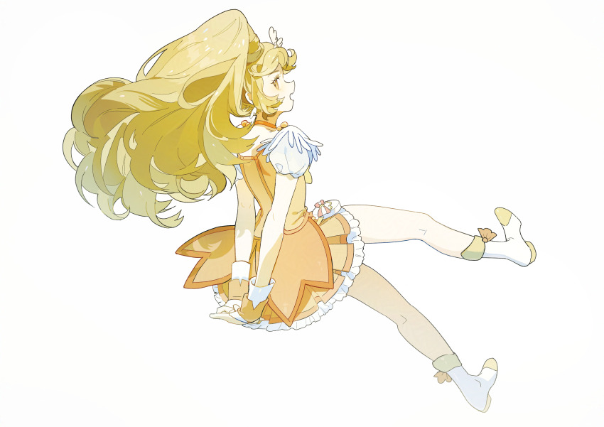 1girl absurdres arms_behind_back bag_bow bare_legs blonde_hair boots bow choker coattails commentary_request cure_peace eyelashes feather-trimmed_sleeves floating_hair footwear_ribbon frilled_skirt frills from_behind full_body hair_ornament happy high_heel_boots high_heels high_ponytail highres invisible_chair kise_yayoi long_hair looking_at_viewer looking_back magical_girl miniskirt morgue_(southsakura) open_mouth own_hands_together pink_bow pleated_skirt pointy_nose ponytail precure puffy_short_sleeves puffy_sleeves ribbon shirt short_sleeves simple_background single_stripe sitting skirt skirt_set smile smile_precure! solo striped_bow teeth tiara upper_teeth_only waist_bag white_arm_warmers white_background white_bag white_boots white_sleeves wing_hair_ornament wrist_cuffs yellow_choker yellow_eyes yellow_ribbon yellow_shirt yellow_skirt yellow_wrist_cuffs