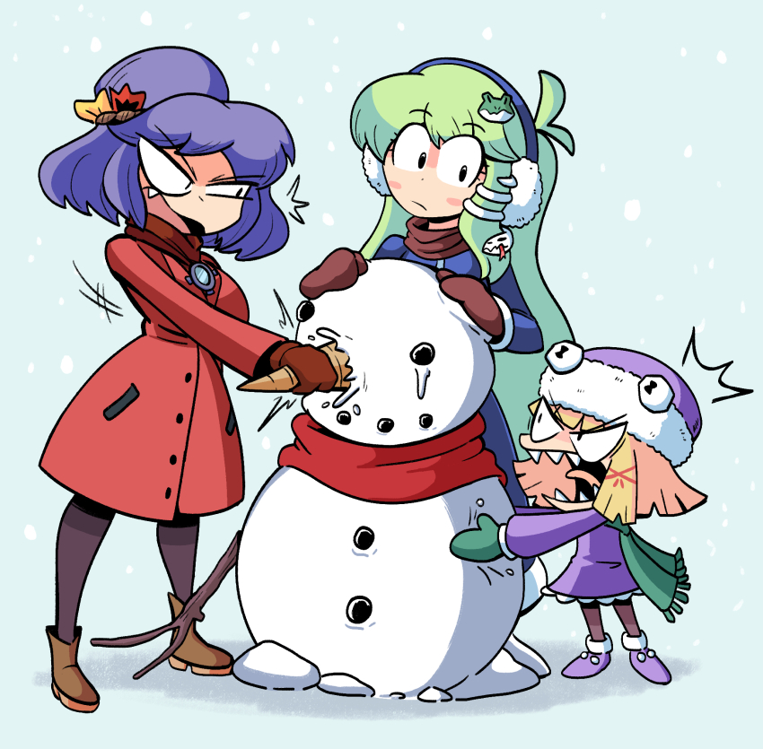 ahoge blue_coat branch brown_coat brown_footwear carrot christmas coat dress earmuffs fang frog frog_hair_ornament fur-trimmed_headwear fur_trim gloves green_hair green_scarf hair_between_eyes hair_ornament highres kevin_arthur kochiya_sanae medium_hair mittens moriya_suwako multiple_girls narrowed_eyes pantyhose purple_dress purple_footwear red_coat red_gloves red_scarf rope scarf sharp_teeth shimenawa snake snake_hair_ornament snow snowman teeth touhou winter_clothes winter_coat yasaka_kanako