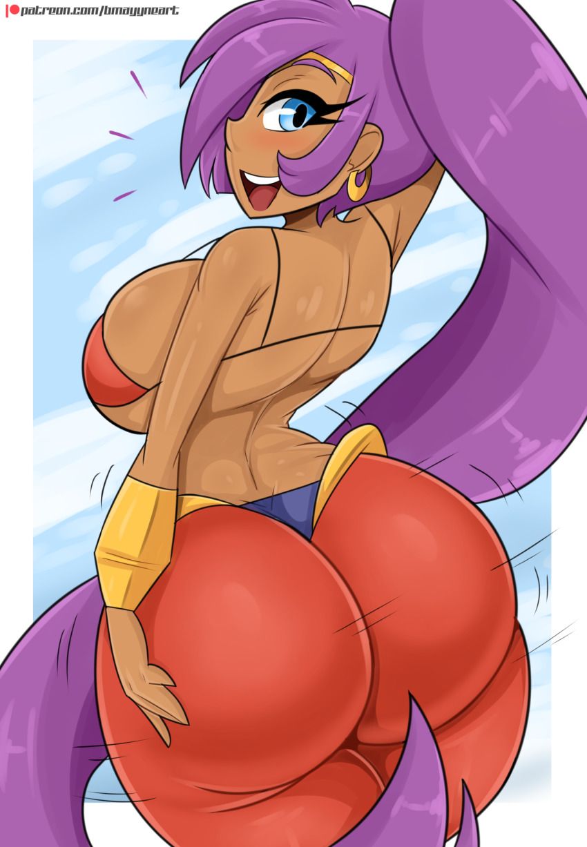 1girl ass blue_eyes blush bmayyne breasts clothes collar ear_piercing female_focus highres huge_ass huge_breasts long_hair looking_back piercing pointy_ears ponytail purple_hair shantae shantae_(series) solo
