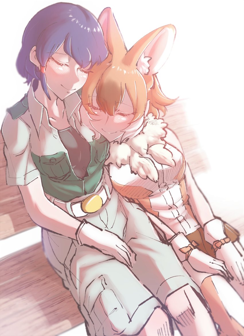 2girls absurdres animal_ears bare_shoulders beige_shirt beige_shorts black_hair blush brown_legwear brown_skirt captain_(kemono_friends) collared_shirt commentary_request dhole_(kemono_friends) dog_ears dog_girl dog_tail extra_ears closed_eyes fur_collar gloves gm_(ggommu) highres kemono_friends kemono_friends_3 light_brown_hair multicolored_hair multiple_girls open_clothes open_shirt pleated_skirt shirt short_hair skirt sleeping sleeping_on_person sleeveless smile tail thighhighs two-tone_hair uniform white_fur white_gloves white_hair zettai_ryouiki