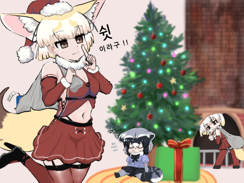 2girls animal_ears blonde_hair bluebird_(leh951025) blush brown_eyes christmas_tree closed_eyes common_raccoon_(kemono_friends) fennec_(kemono_friends) finger_to_own_nose fireplace fox_ears fox_tail gift hat high_heels highres kemono_friends kemono_friends_pavilion korean_text multiple_girls navel nose_bubble pantyhose raccoon_ears raccoon_tail santa_costume santa_hat sitting sleeping tail thighhighs