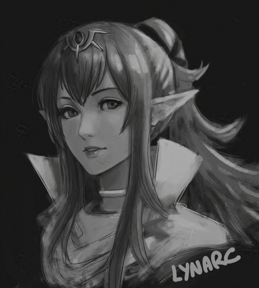 1girl artist_name black_background fire_emblem fire_emblem_awakening greyscale hair_ribbon highres lips lipstick long_hair looking_at_viewer lynarc makeup monochrome nintendo parted_lips pointy_ears ponytail portrait ribbon sidelocks simple_background solo tiara tiki_(adult)_(fire_emblem) tiki_(fire_emblem)