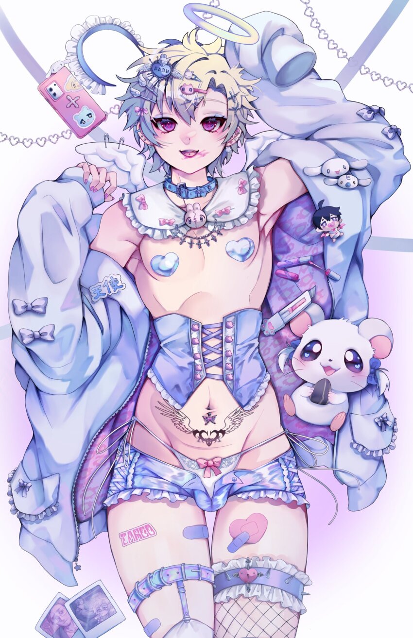 1boy blonde_hair bulge cameo cellphone character_doll cinnamoroll commentary corset doll ecchibeef english_commentary fuwa_fuwa_cinnamoroll halo hamtaro_(series) heart_pasties highres jacket legwear_garter male_focus milk_(cinnamoroll) open_clothes open_jacket original panties pasties phone pink_eyes pubic_tattoo purple_shorts ribbon_(hamtaro) sanrio short_hair short_shorts shorts smartphone solo standing stuffed_hamster tattoo trap underwear white_panties yami_kawaii