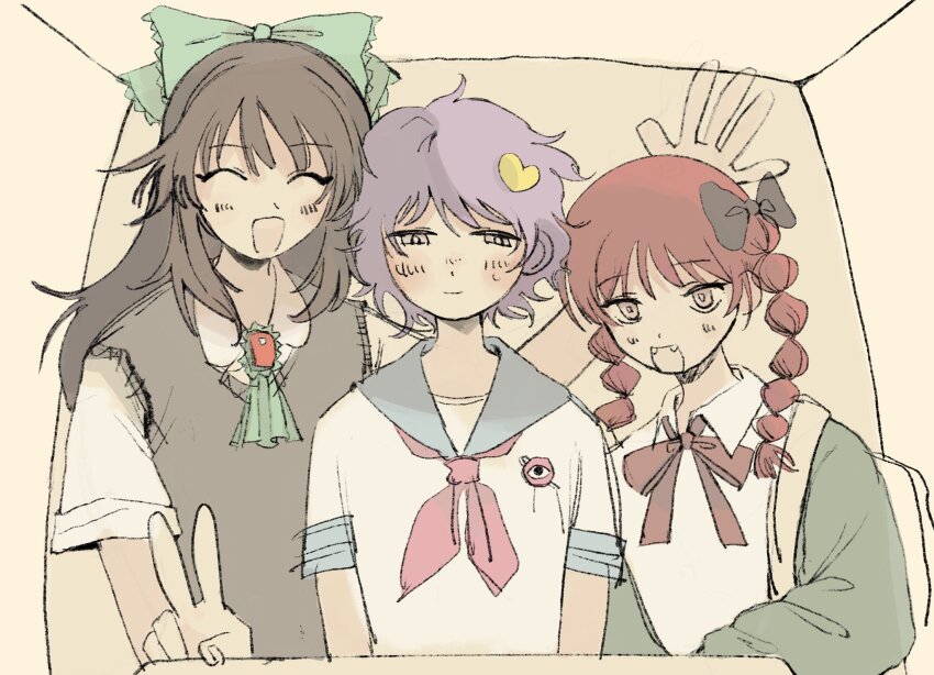 3girls :d ^_^ alternate_costume arm_around_back blue_sailor_collar bow braid brown_hair closed_eyes dress_shirt eye_brooch fangs group_picture hair_bow hair_ornament heart heart_hair_ornament highres jacket kaenbyou_rin komeiji_satori light_blush light_smile long_hair multiple_girls nijurokuuu open_clothes open_jacket open_mouth photo_booth purple_hair red_hair reiuji_utsuho ribbon sailor_collar sailor_shirt shirt short_hair side-by-side simple_background smile standing subterranean_animism sweater_vest touhou twin_braids upper_body v