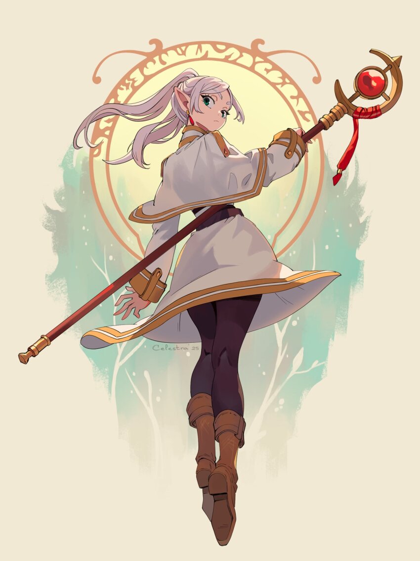 artist_name belt black_belt black_leggings boots brown_boots capelet celestra circle closed_mouth dated earrings elf eyelashes facing_away floating_hair frieren from_behind full_body green_background green_eyes heel_up highres holding holding_staff jewelry knee_boots leggings long_hair long_sleeves looking_at_viewer looking_back mage_staff parted_bangs pendant_earring pointy_ears signature skirt sousou_no_frieren staff teardrop_earrings thick_eyebrows tiptoes twintails white_background white_capelet white_hair white_skirt wind wind_lift yellow_background yellow_trim
