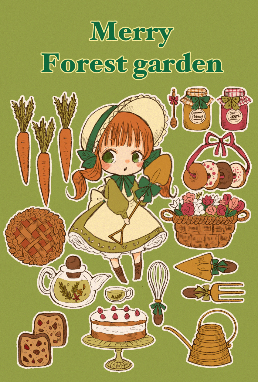 1girl apple_pie apron bonnet bow brown_hair cake cake_stand carrot cerika donut dress english_text flower_basket food fruitcake full_body green_background green_bow green_dress green_eyes green_ribbon highres holding holding_shovel honey honey_dipper jam looking_at_viewer original outline pie puffy_sleeves ribbon shovel solo tea twintails waist_apron whisk white_outline