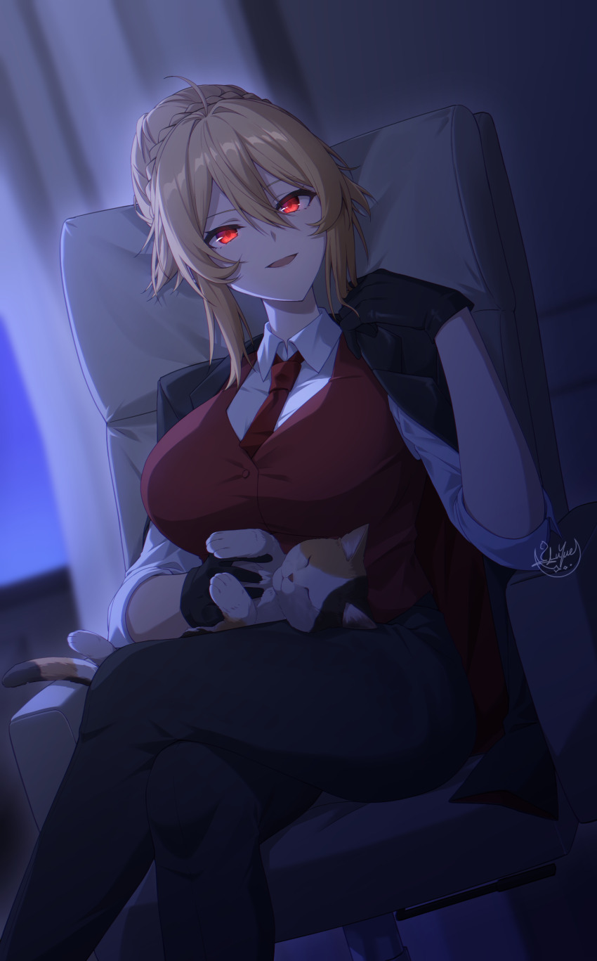 1girl absurdres angelica_rapha_redgrave black_coat black_gloves black_pants blonde_hair braid breasts cat coat collared_shirt commission crown_braid dress_shirt gloves hair_bun highres jacket luyue necktie otome_game_sekai_wa_mob_ni_kibishii_sekai_desu pants pixiv_commission red_eyes red_jacket red_necktie shirt single_hair_bun sitting